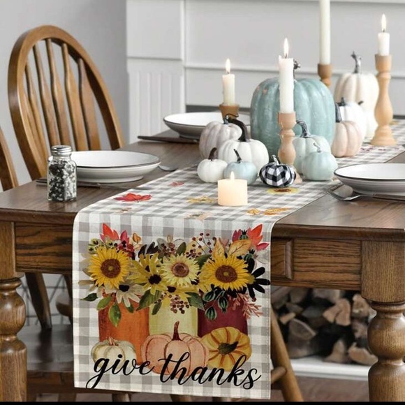 NWT- Gray & White Buffalo Check- Give Thanks π»π Mason Jars Table Runner 72x13 - Picture 4 of 6